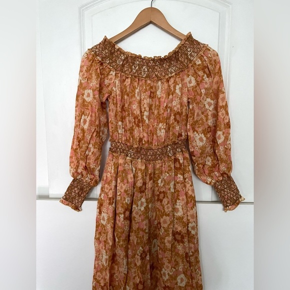 Spell Anne Smocked wide leg jumpsuit XS Peach antique floral off shoulder cotton - Picture 4 of 14
